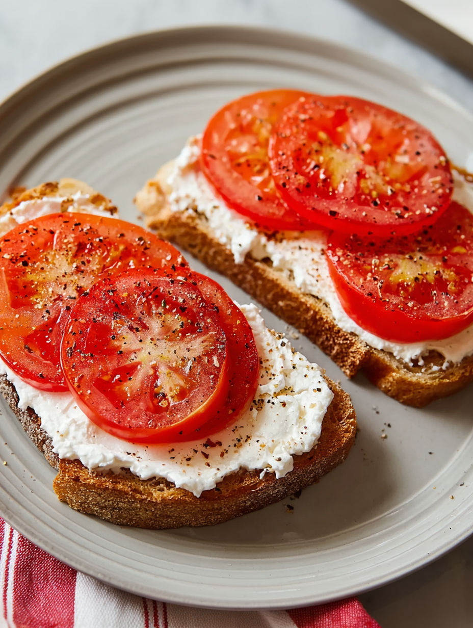 A slice of toast with tomatoes and ricotta cheese.
