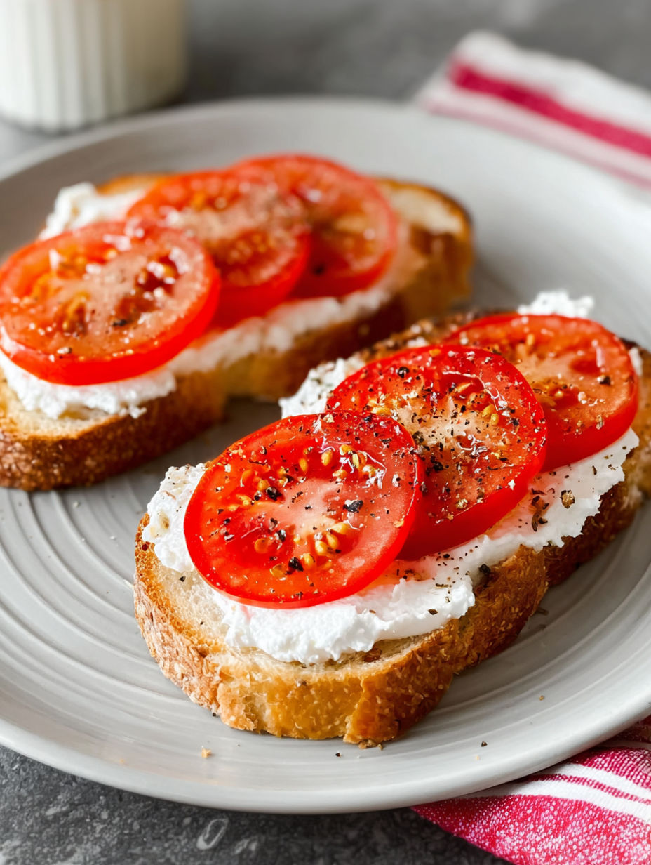A slice of toast with tomatoes and ricotta cheese.