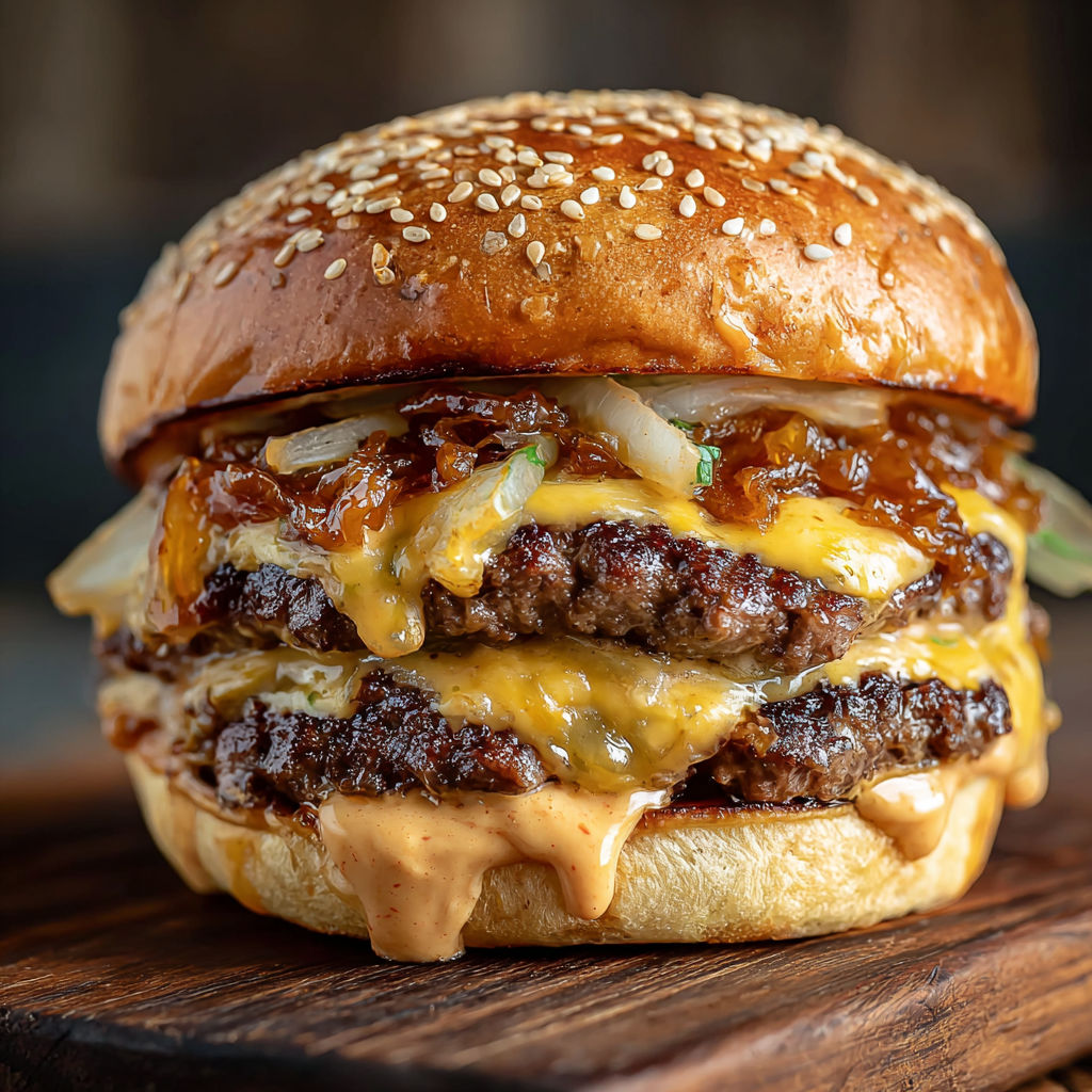 A close up of a burger with cheese and sauce.