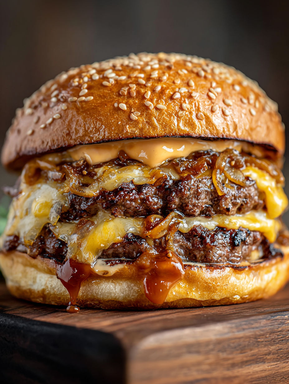 A burger with cheese and sauce.