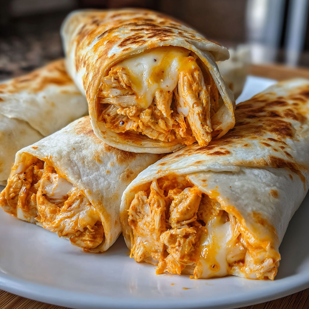 Three Buffalo Chicken Wraps on a plate.