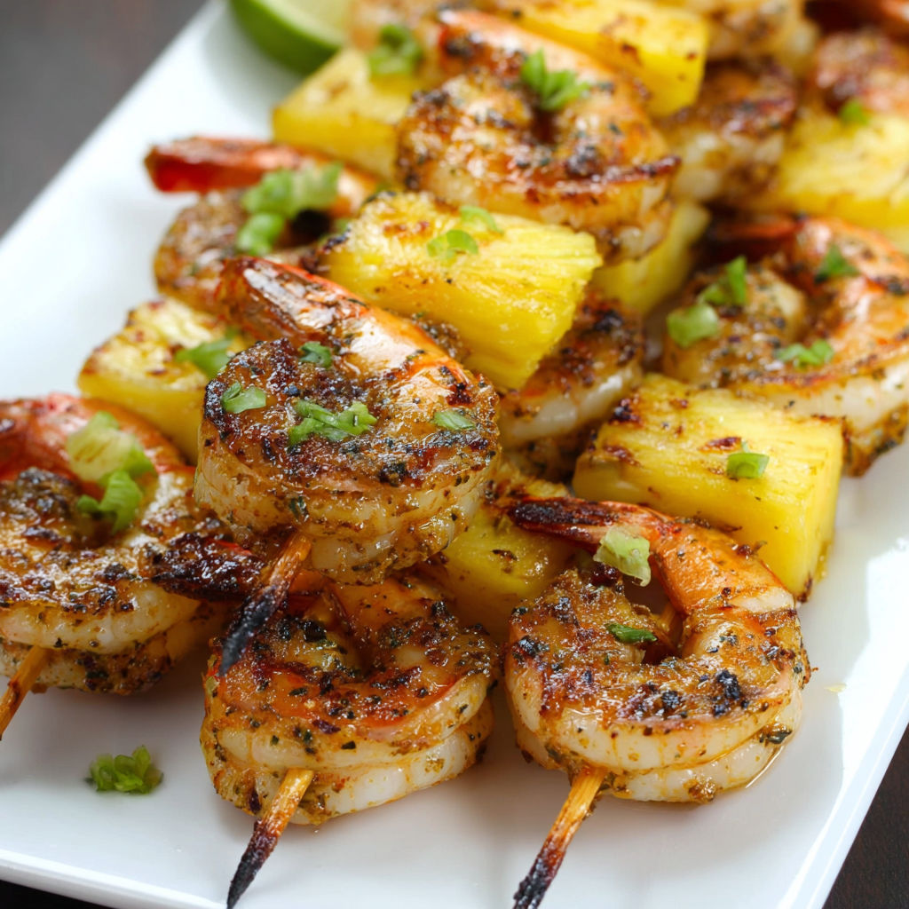 Shrimp and pineapple skewers on a plate.
