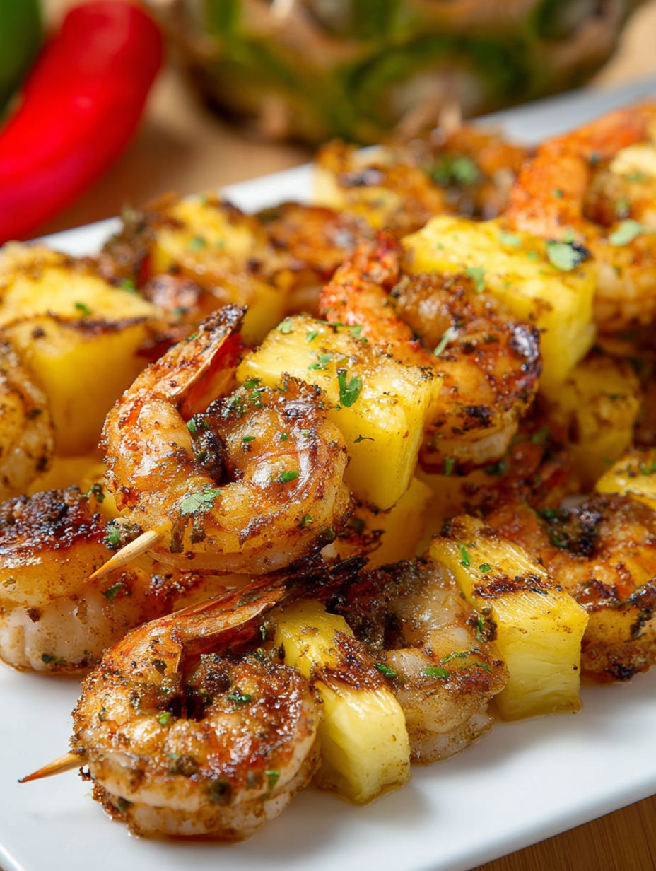 Shrimp and pineapple skewers on a plate.