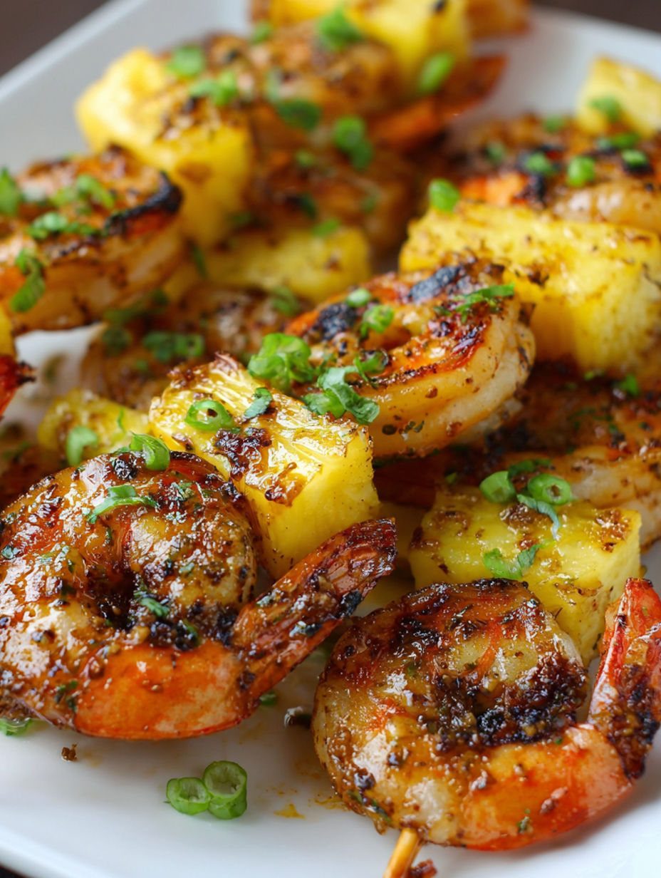 Shrimp and pineapple skewers on a plate.
