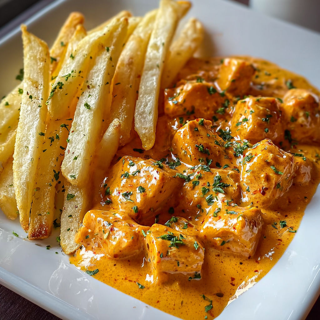 A plate of food with chicken in a creamy paprika sauce, potatoes, and parsley.