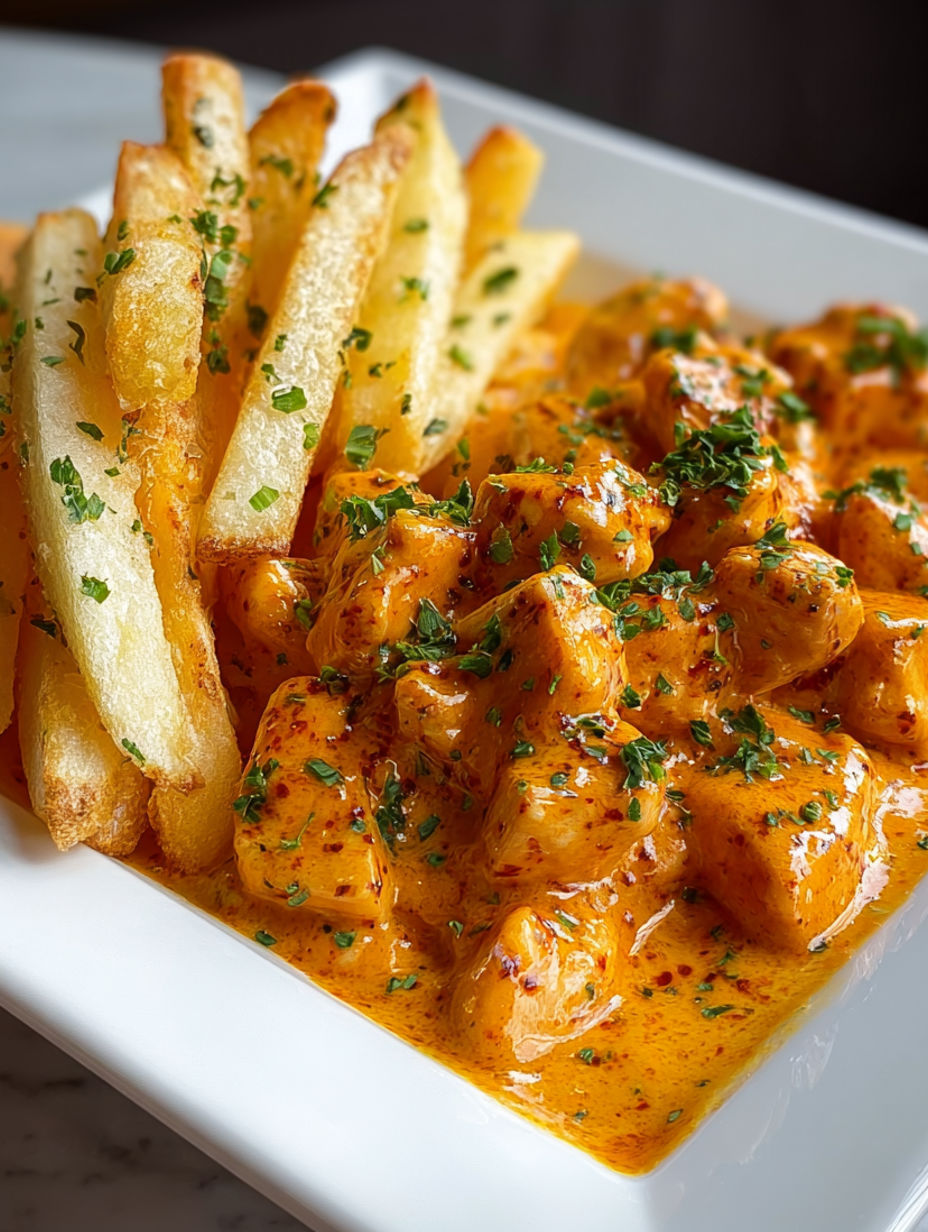 A plate of chicken with a creamy sauce and fries.