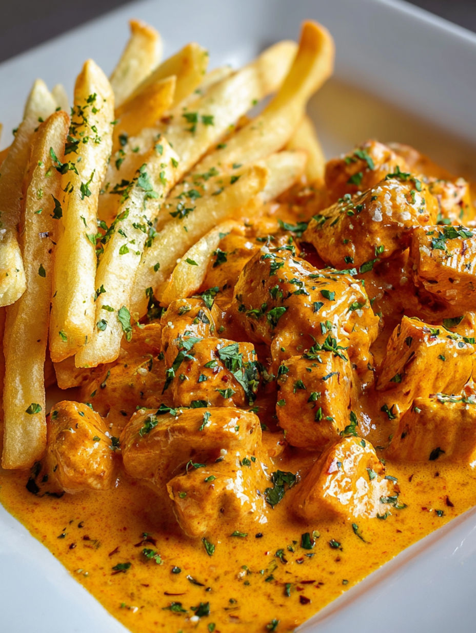 A plate of meat in a creamy sauce with fries and parsley.