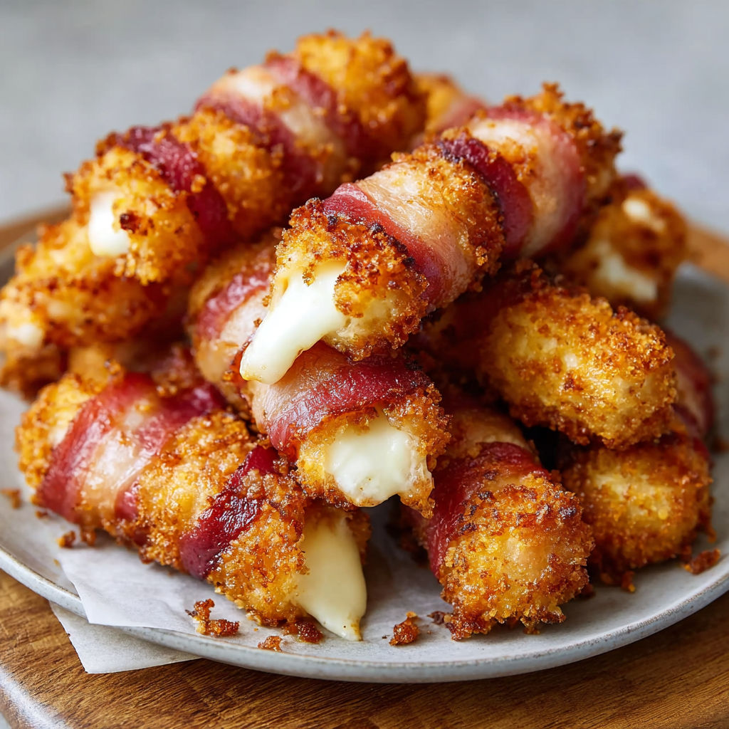 Bacon-Mozzarella-Sticks on a plate.