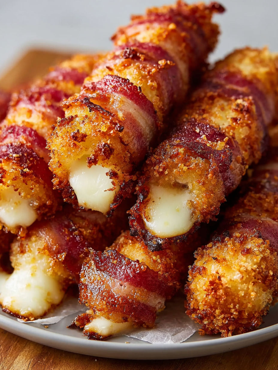 Bacon wrapped mozzarella sticks on a plate.