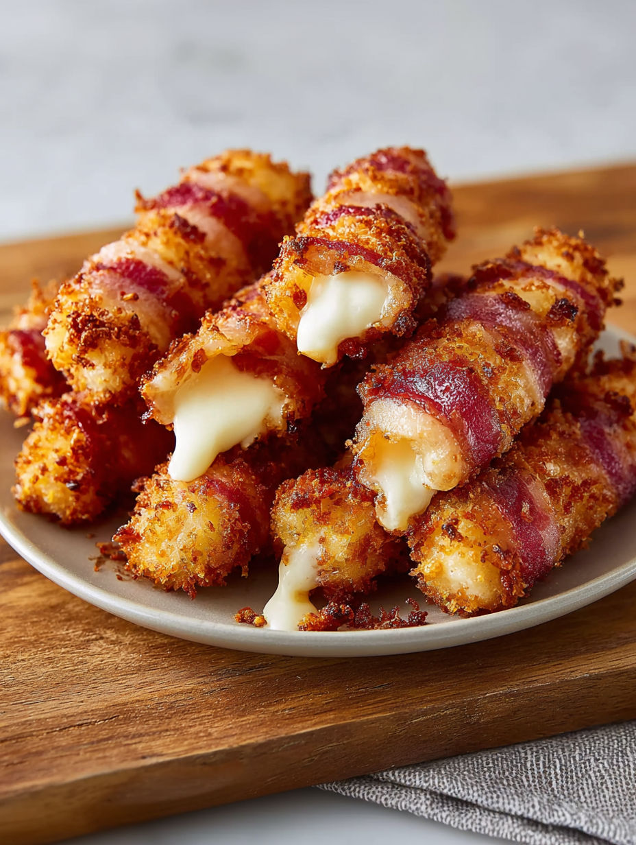 Bacon-Mozzarella-Sticks on a plate.