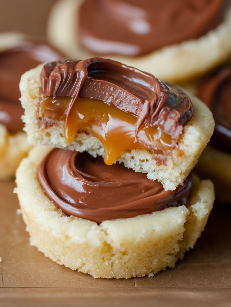 A Twix cookie with chocolate and caramel topping.