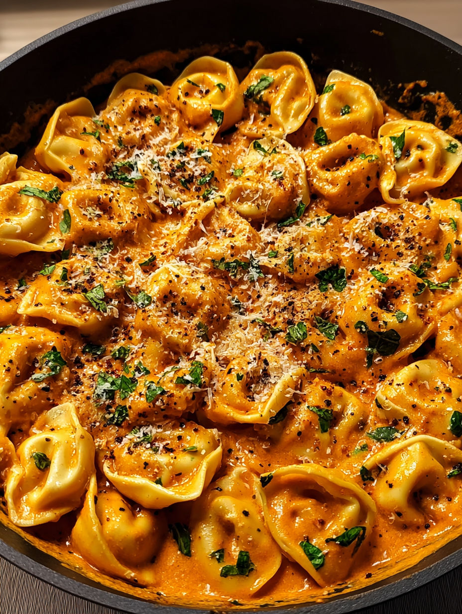 A dish of tortellini in sauce.