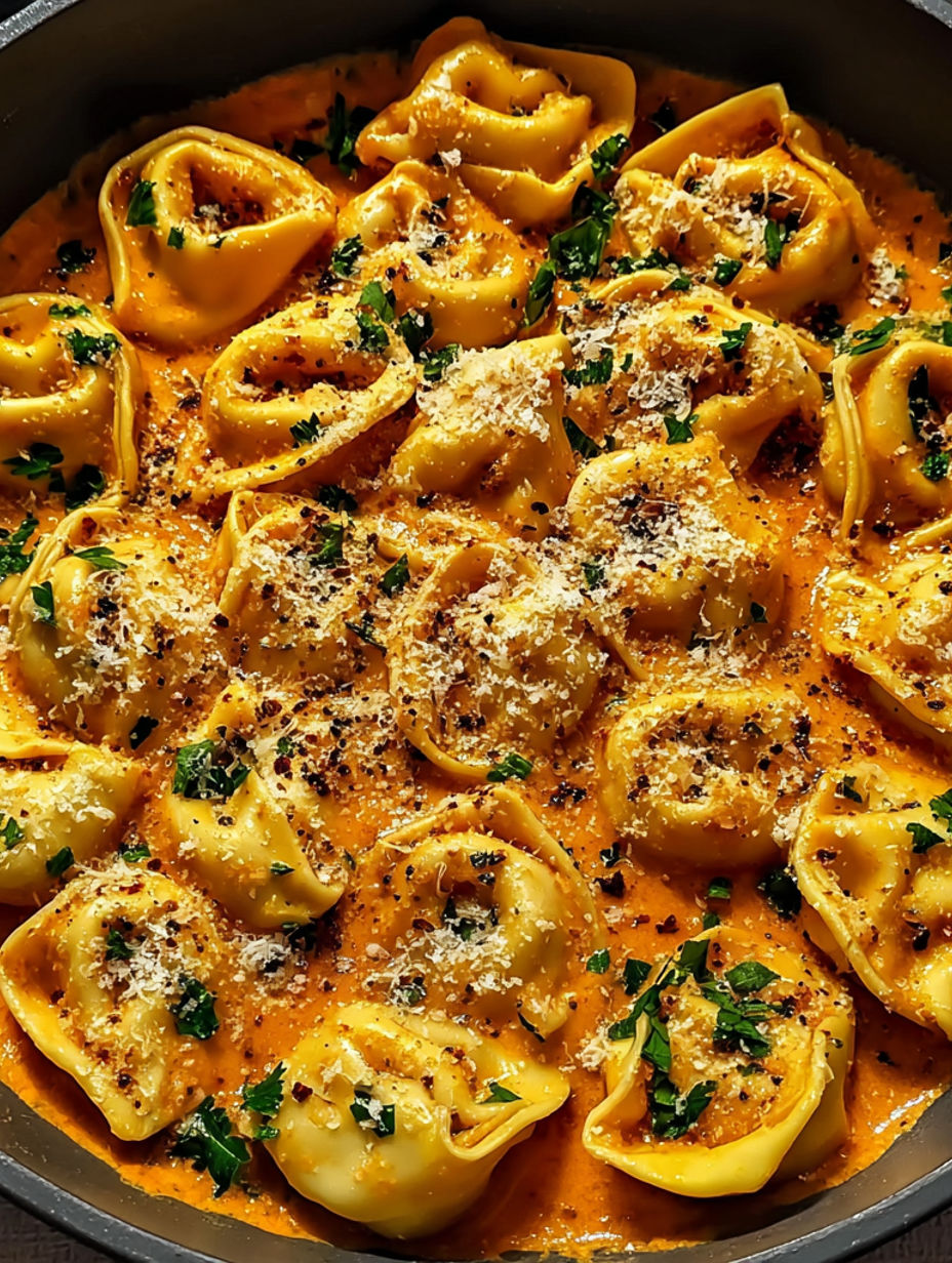 A plate of tortellini in sauce.