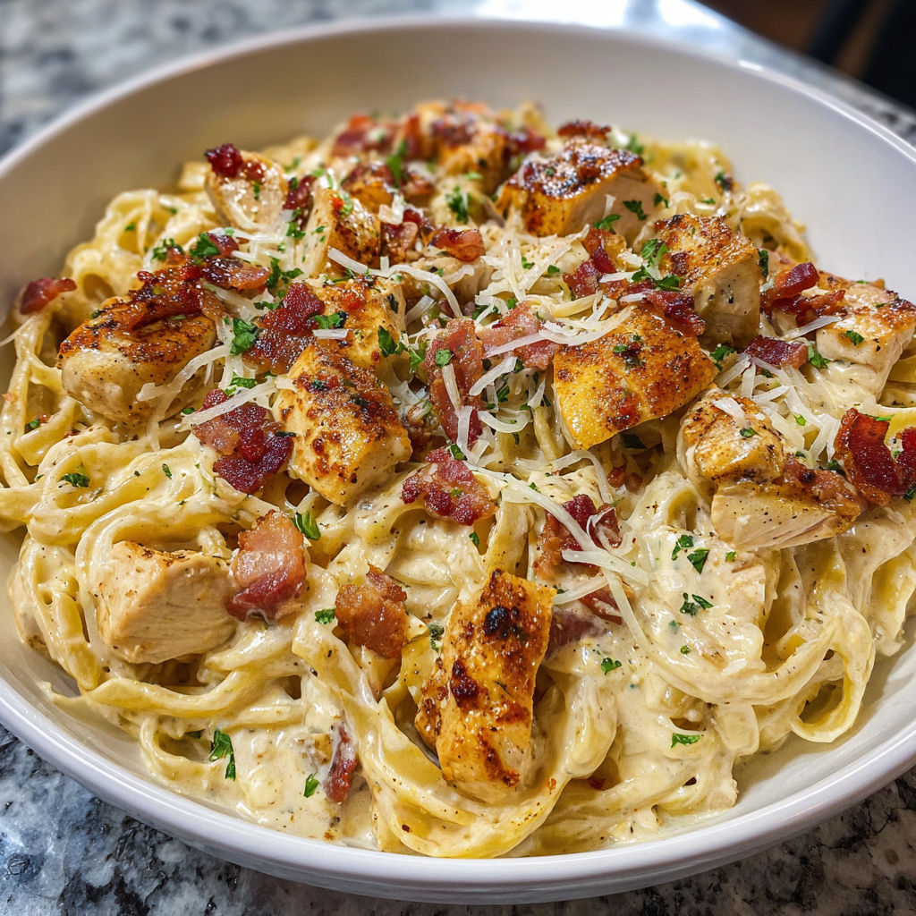 A bowl of creamy chicken, bacon and pasta.