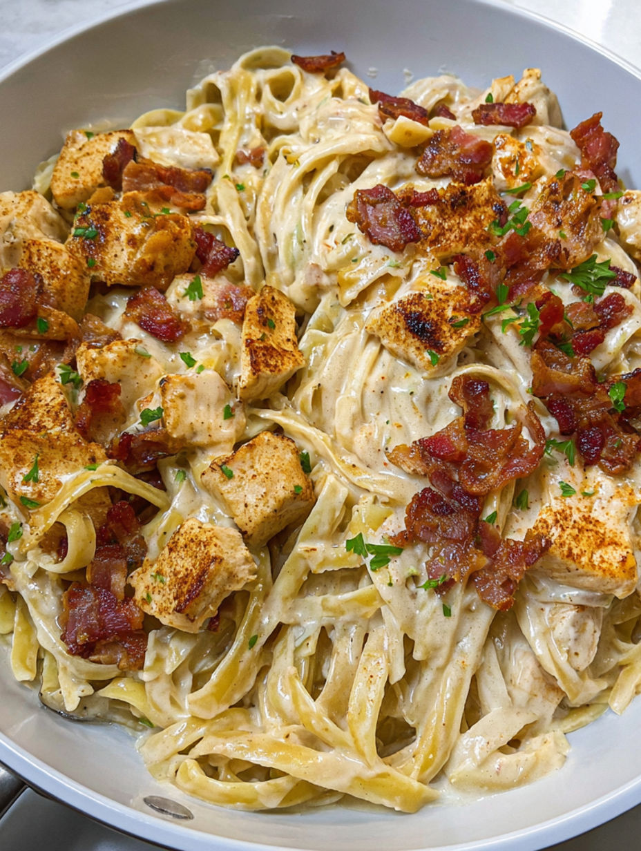 A bowl of creamy chicken, bacon and pasta.