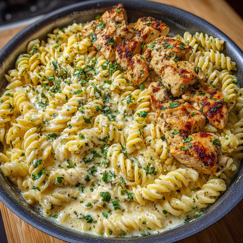 A plate of creamy garlic butter chicken and rotini in parmesan sauce.