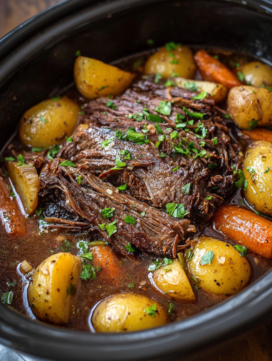 A pot roast in a slow cooker.
