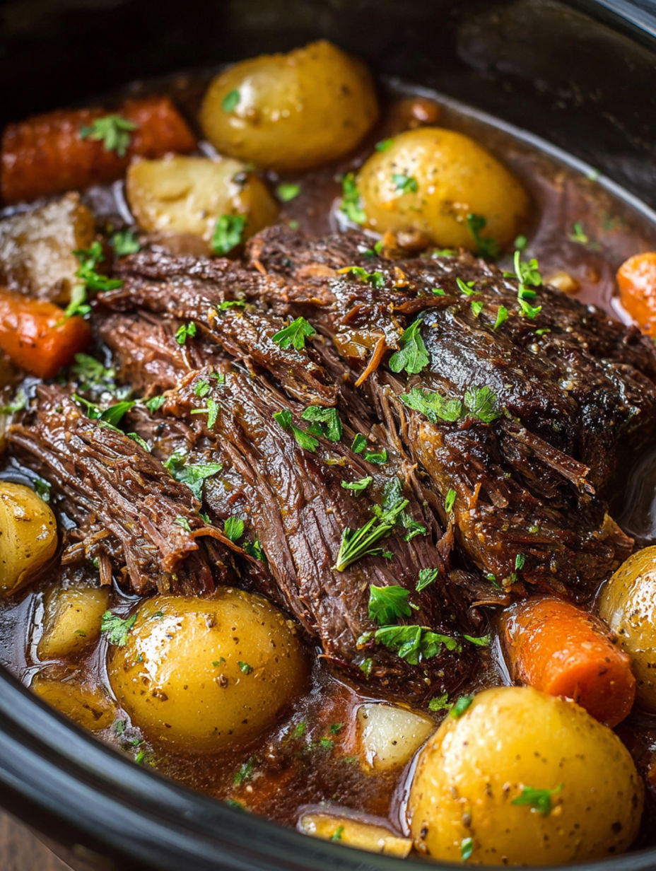 A pot roast in a slow cooker.