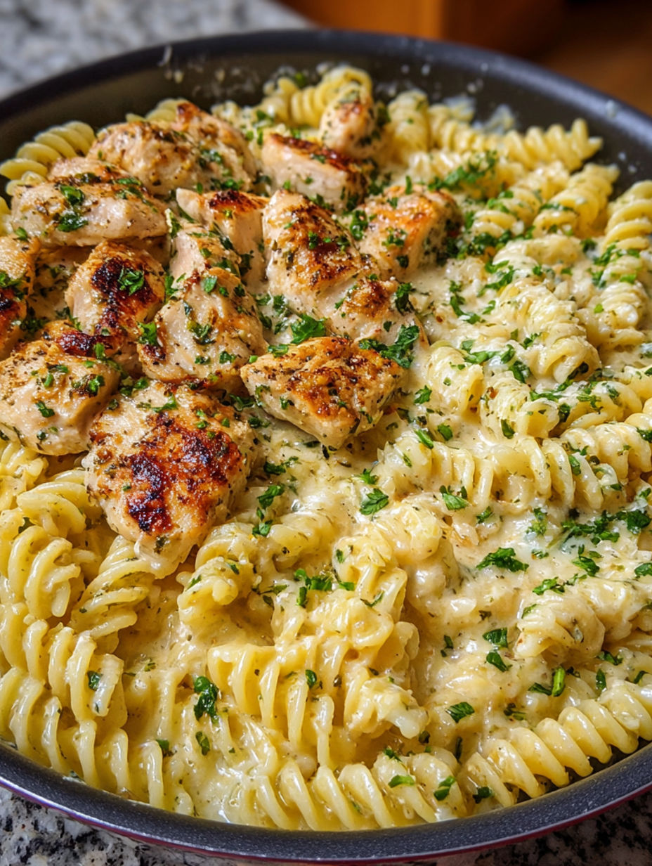 A dish of chicken and pasta with a creamy garlic butter sauce.
