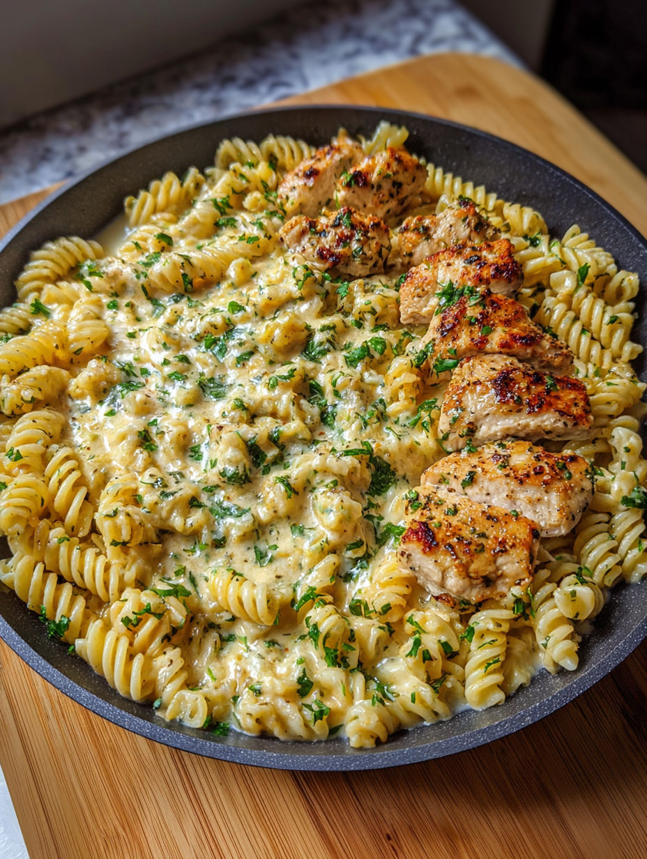 A plate of food with chicken and pasta.