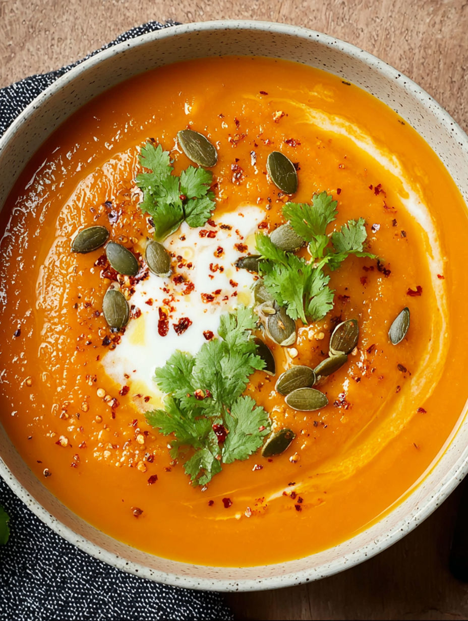 A bowl of spiced sweet potato and carrot soup.