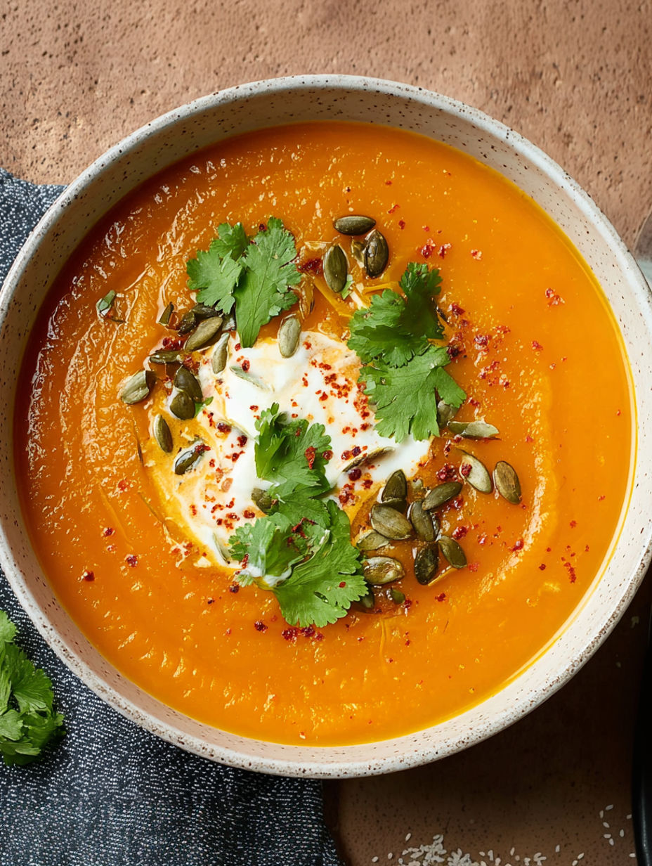 A bowl of spiced sweet potato and carrot soup.