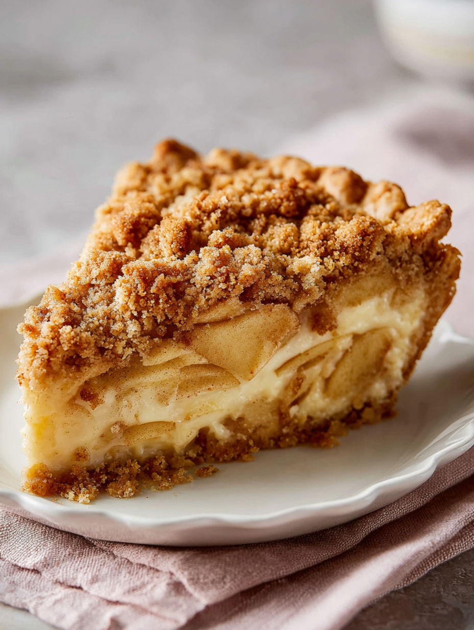 A slice of apple pie with a crumbly topping.