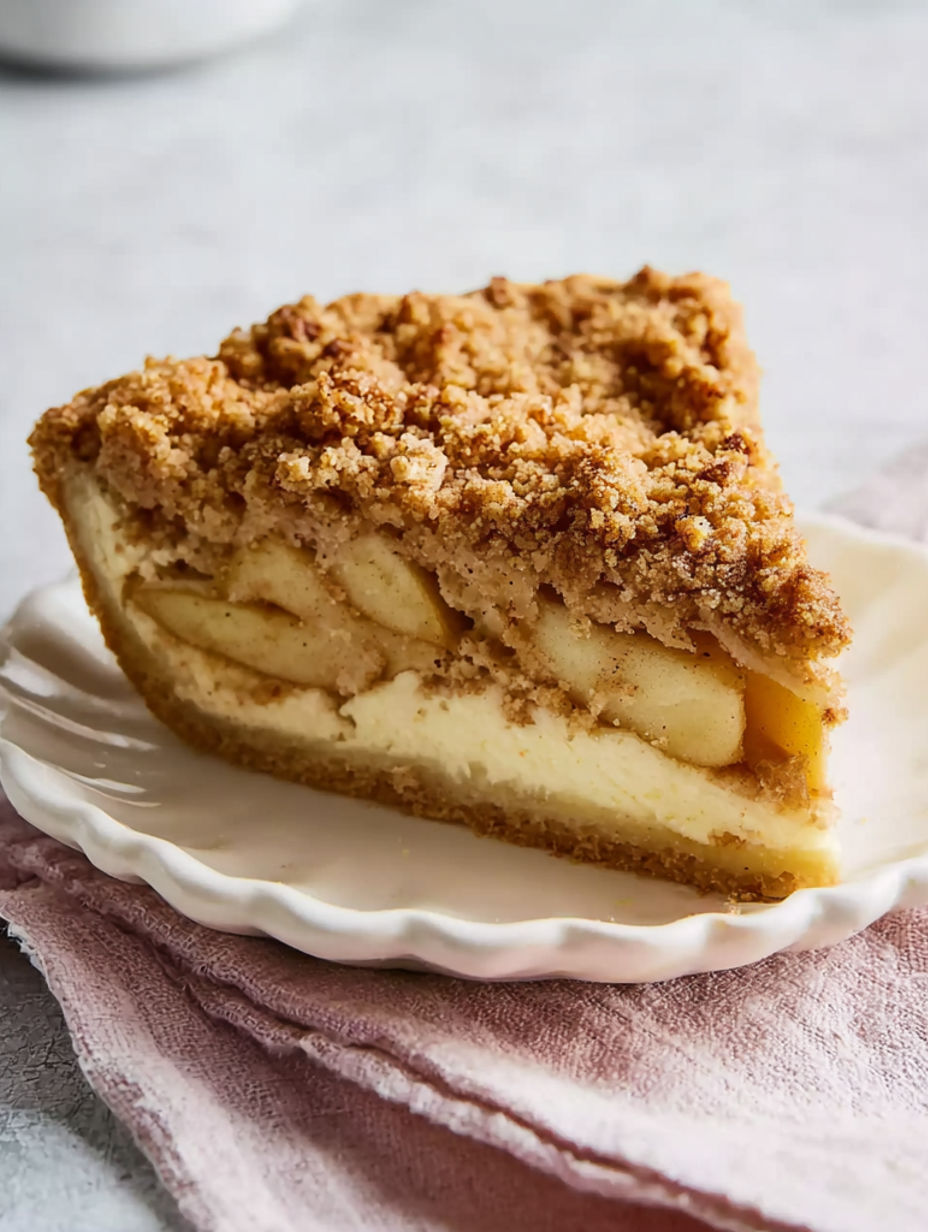 A slice of apple pie with a crumbly topping.