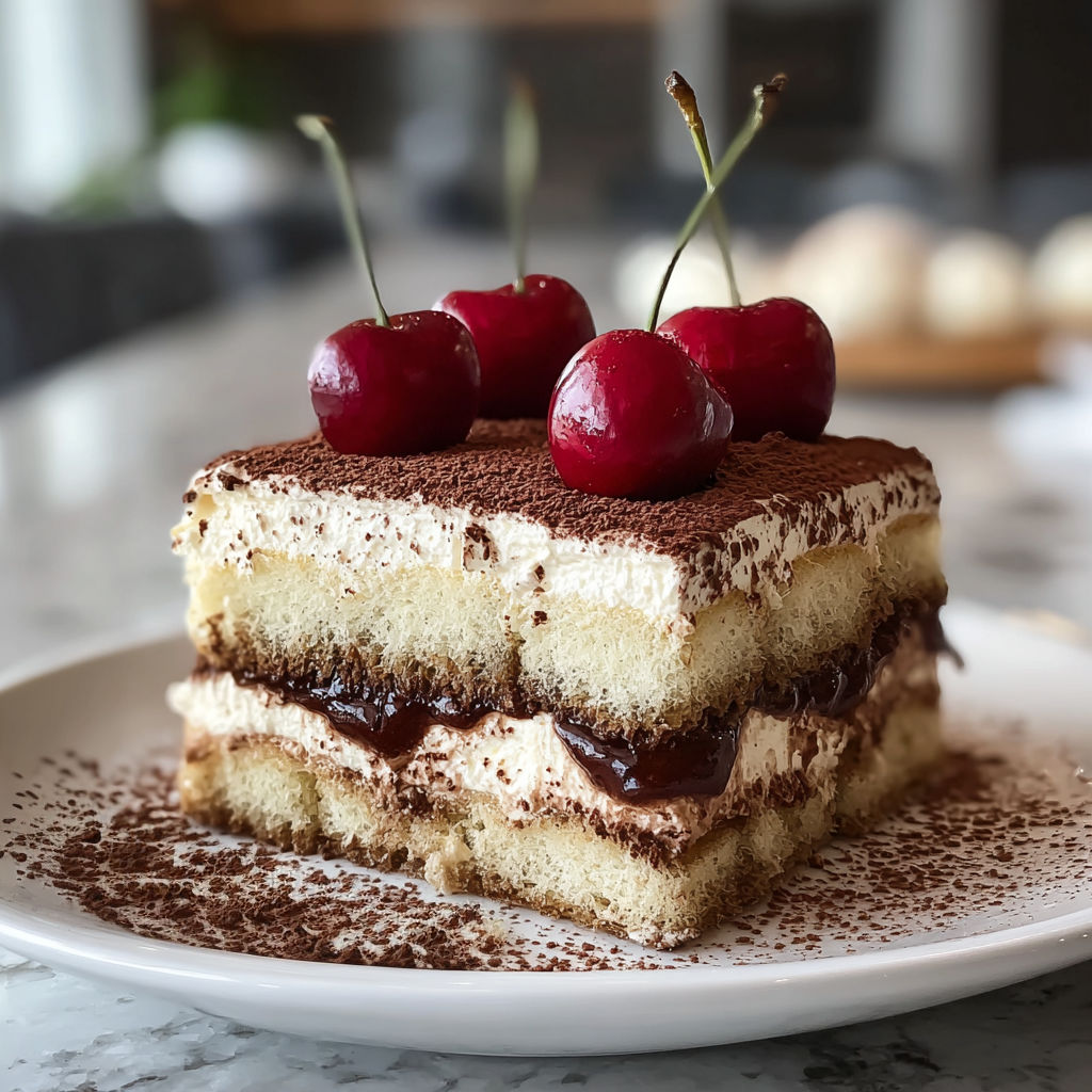 A slice of Cherry Amaretto Tiramisu.