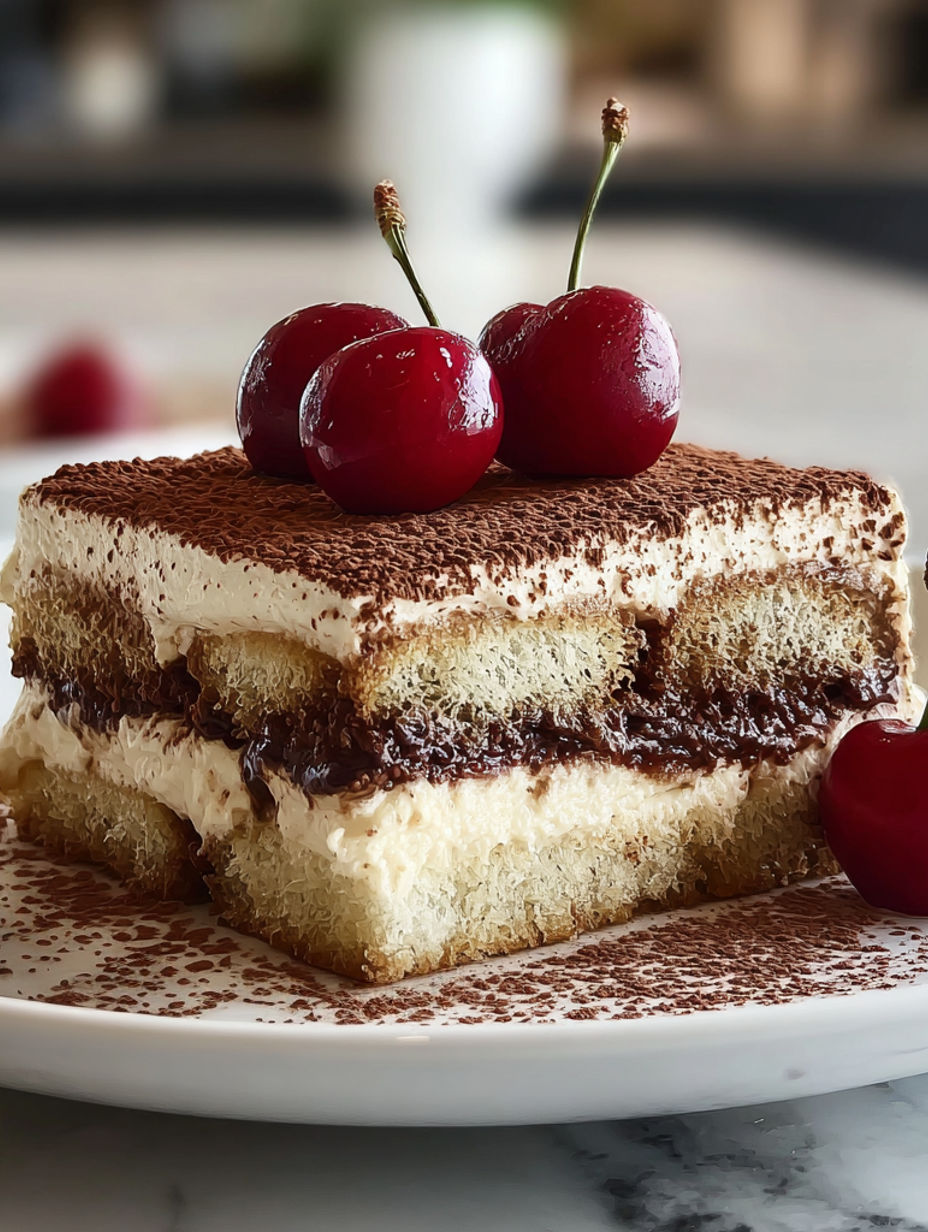 A slice of Cherry Amaretto Tiramisu.