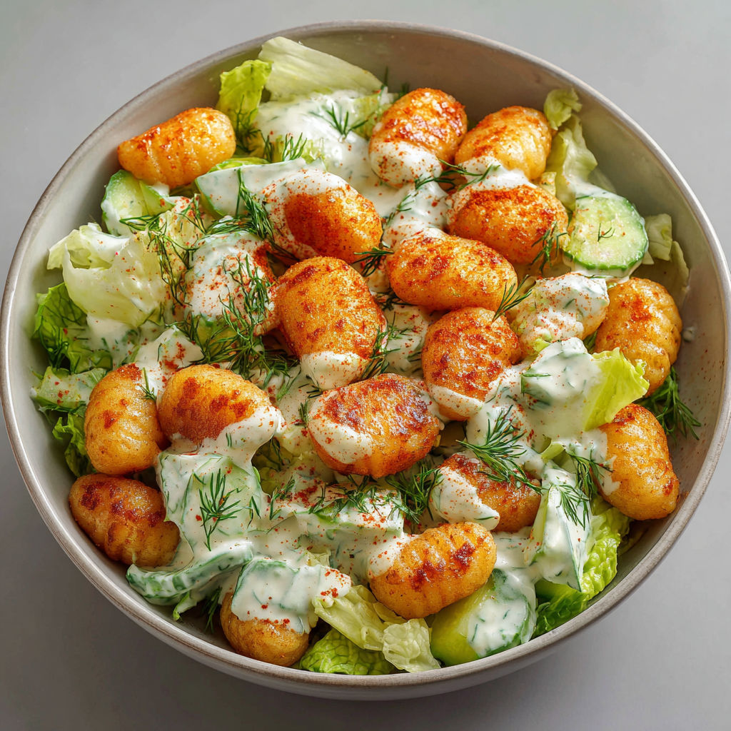 A bowl of food with a salad and gnocchi.
