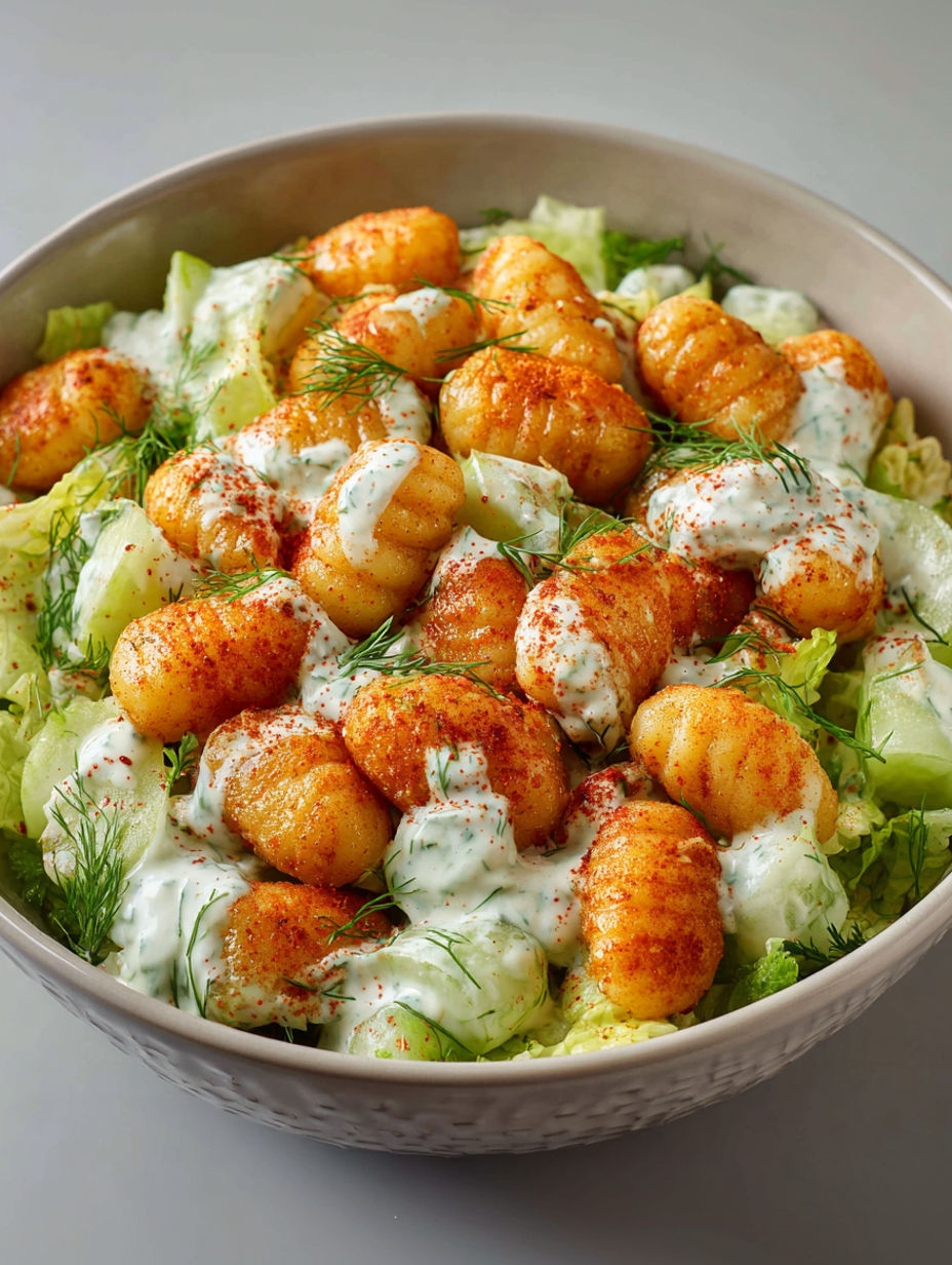 A bowl of food with a dressing on top.