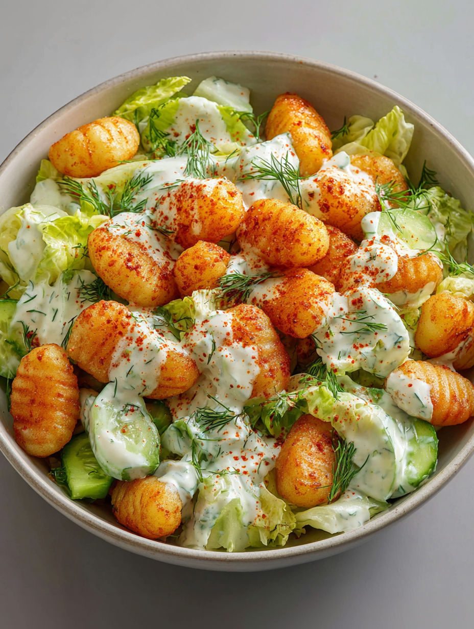 A bowl of food with a salad and gnocchi.