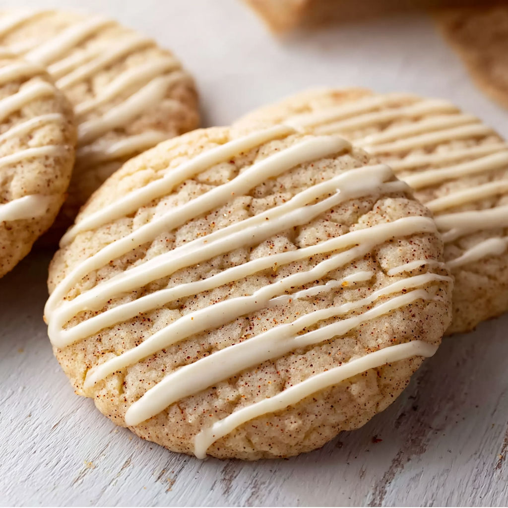 A cookie with white icing and cinnamon.