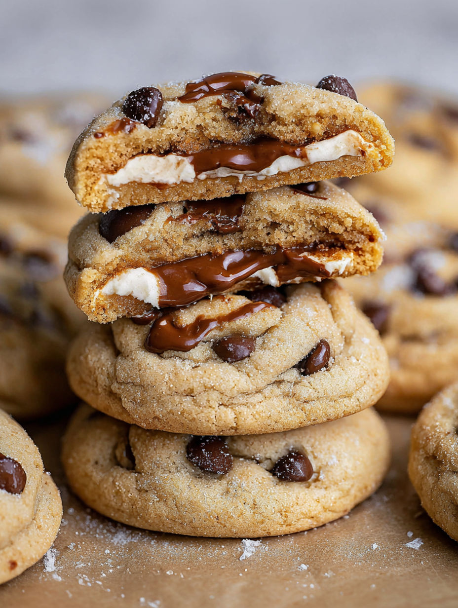 A stack of chocolate chip cheesecake cookies.