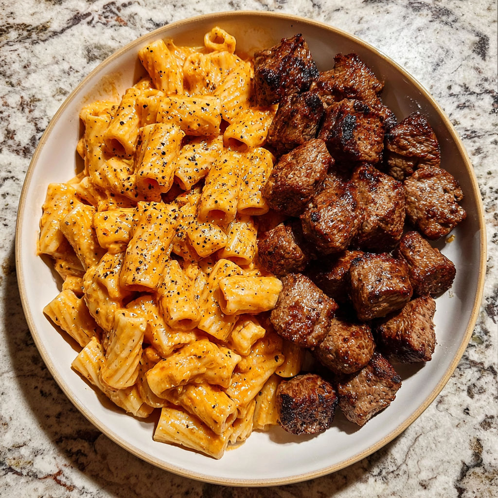 A plate of food with garlic butter steak bites and cajun alfredo pasta.