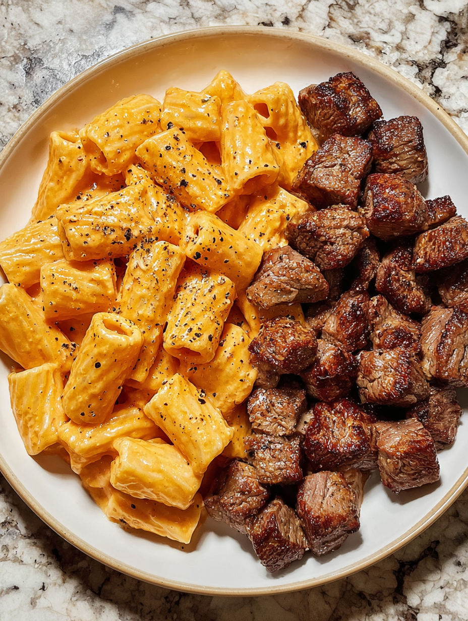 A plate of food with garlic butter steak bites and cajun alfredo pasta.