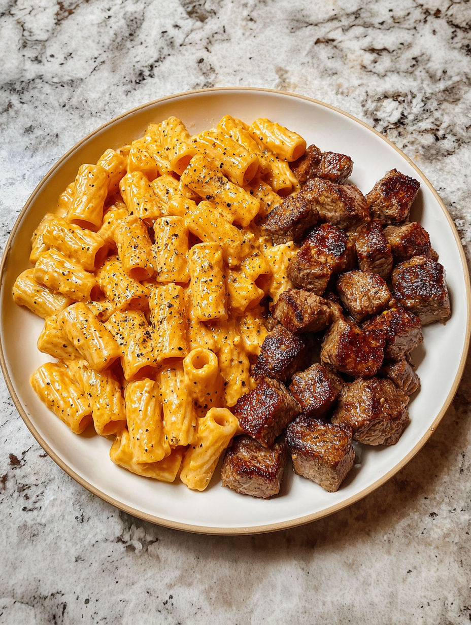 A plate of food with garlic butter steak bites and cajun alfredo pasta.