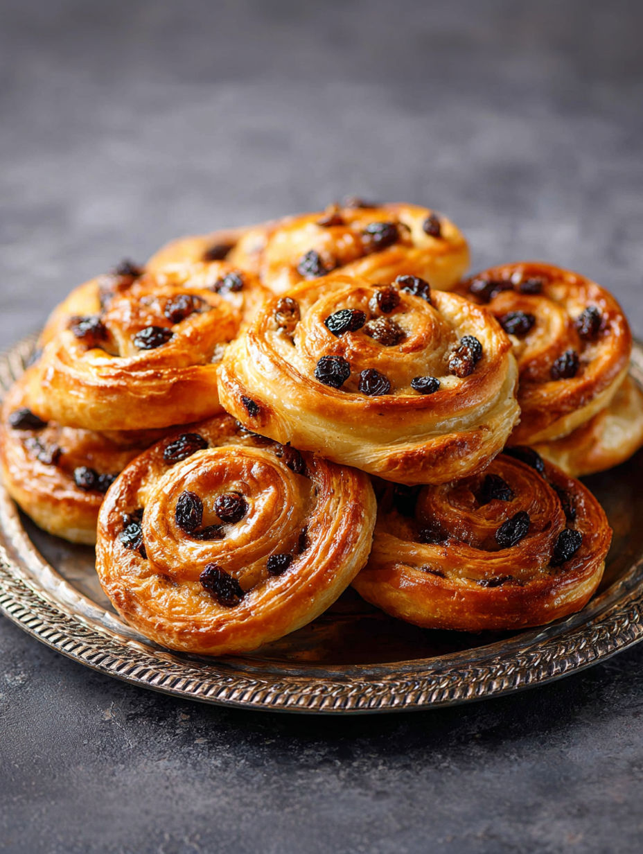 A plate of pastries with chocolate and rum-soaked raisins.