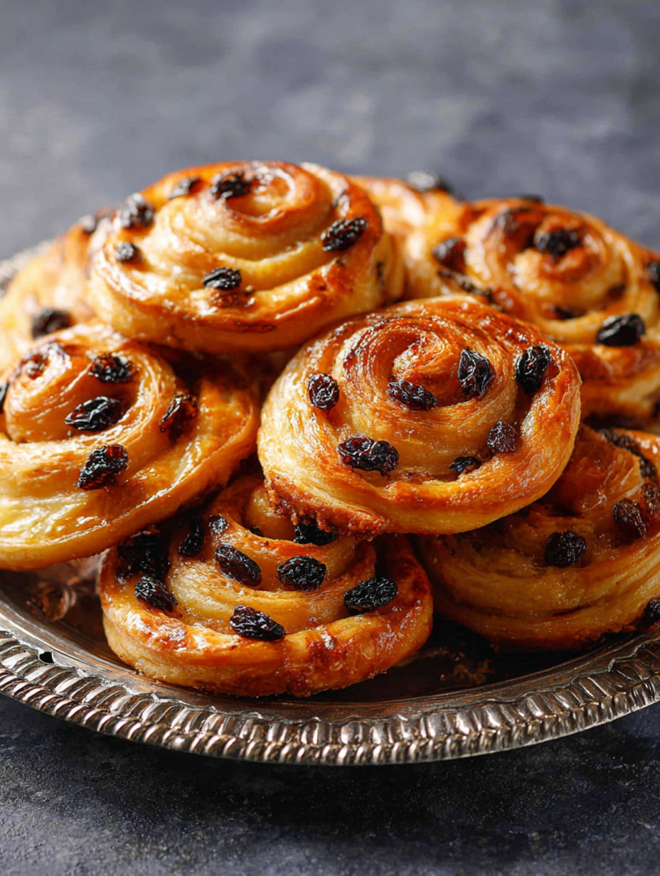 A plate of pastries with raisins.