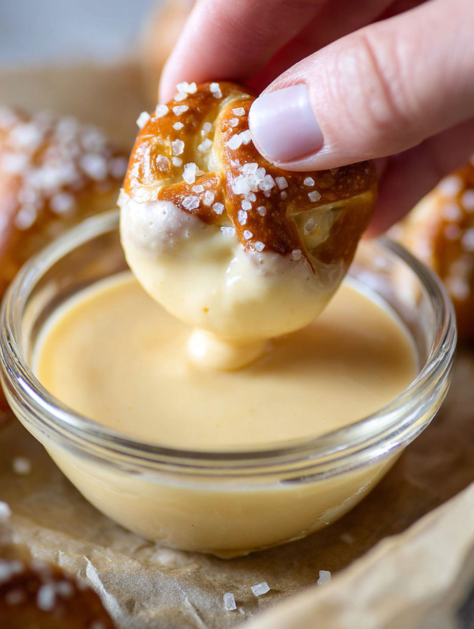 A person is dipping a piece of food into a bowl of sauce.
