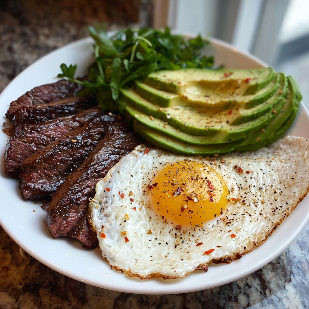A plate of steak, egg and avocado.