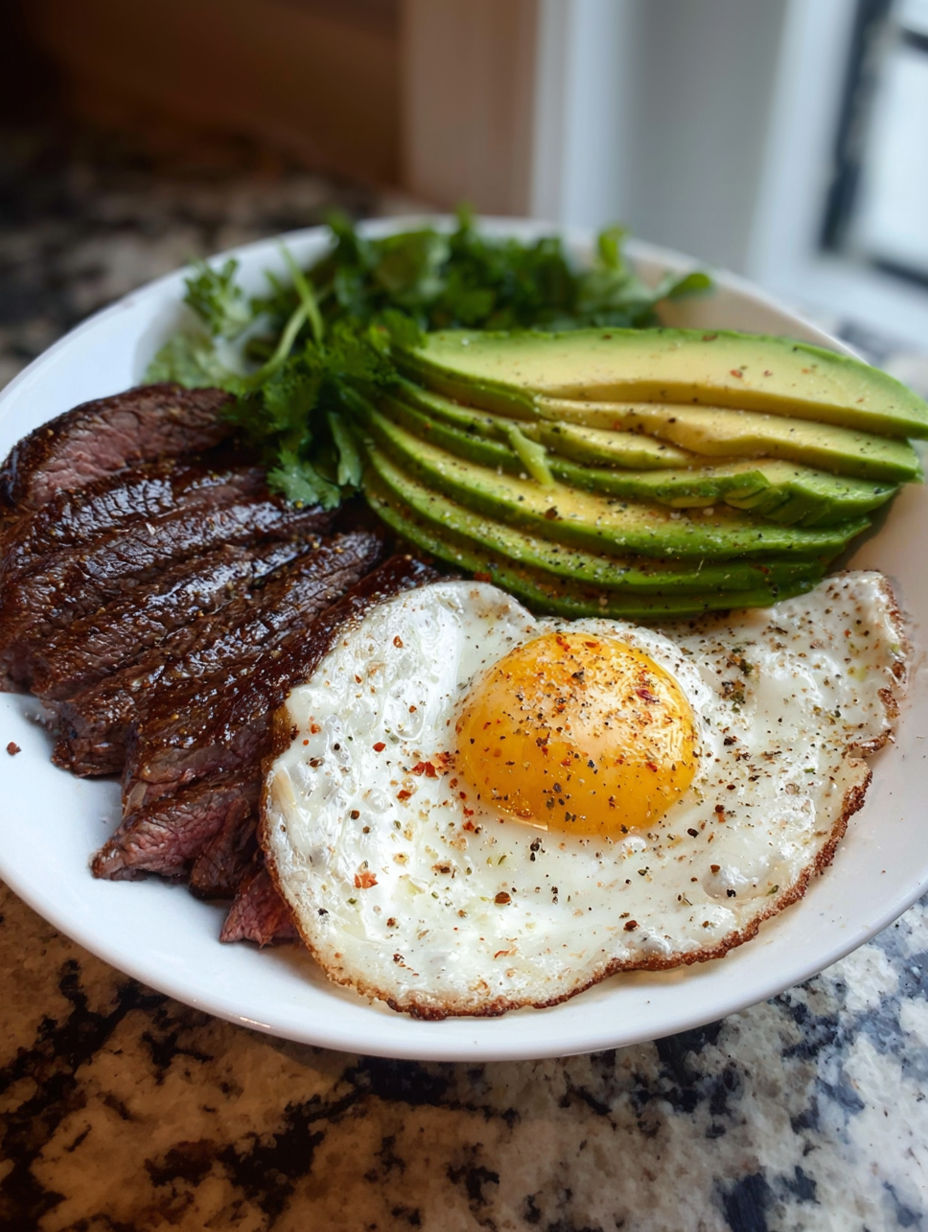 A plate of steak, egg and avocado.