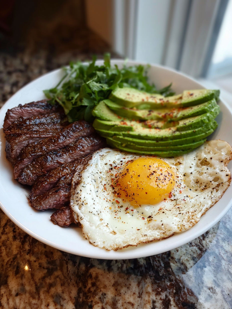 A plate of steak, egg and avocado.