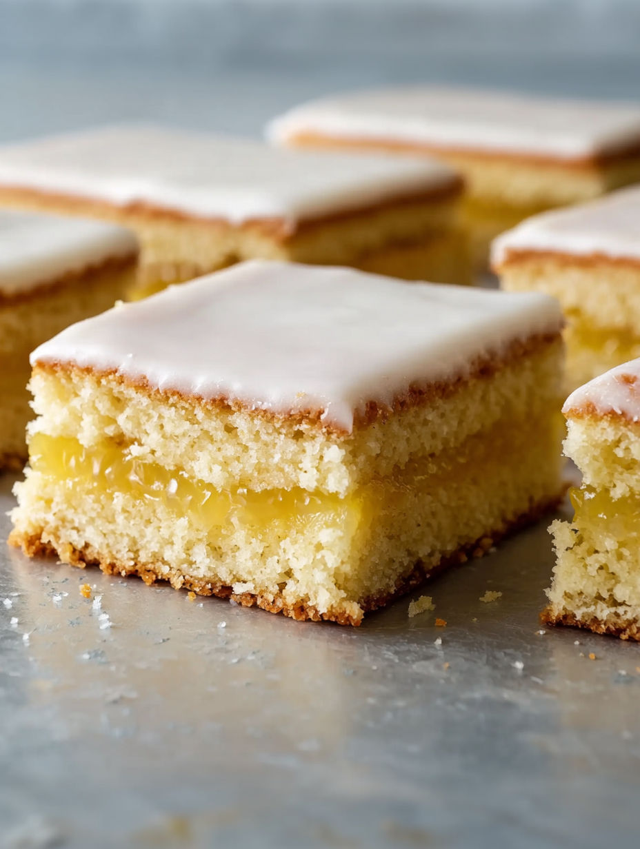A slice of cake with white frosting and yellow filling.