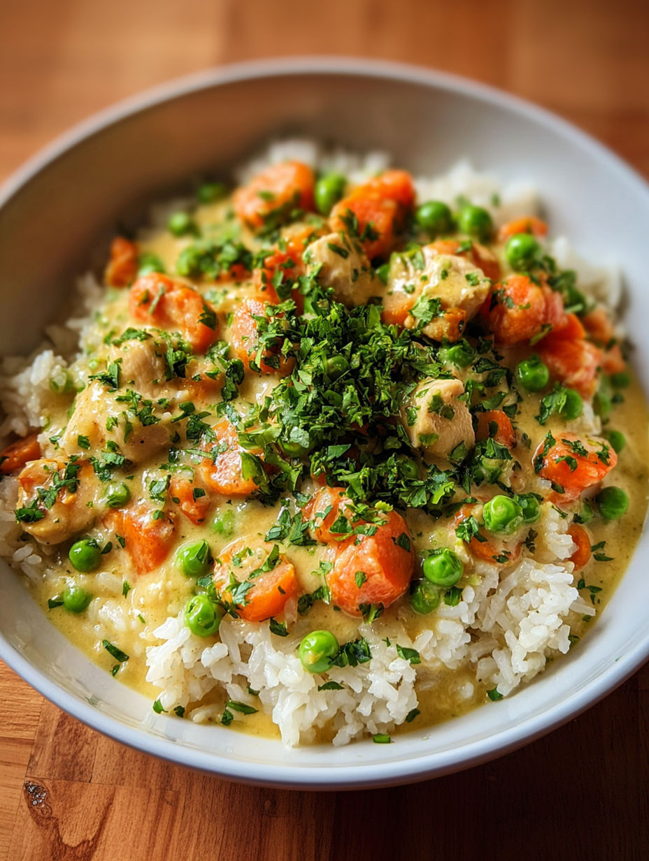 A bowl of rice with peas and chicken.