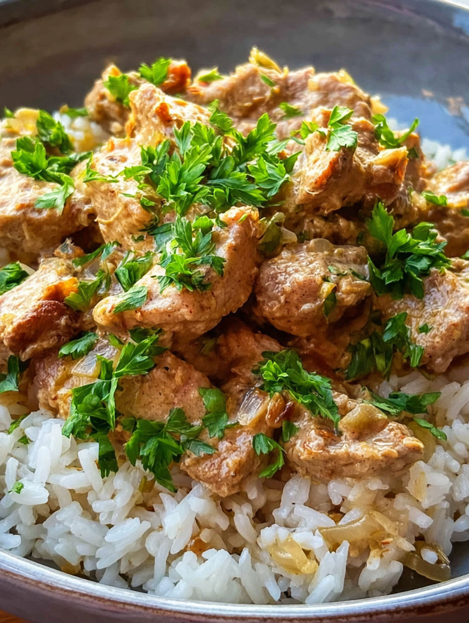 A plate of rice with meat and vegetables.