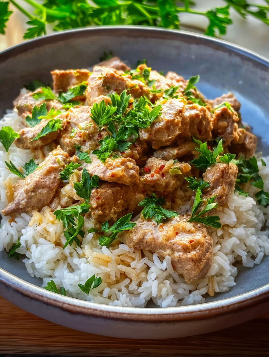A bowl of rice with meat and sauce.