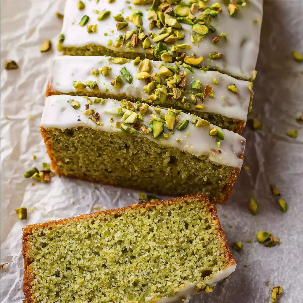 A slice of pistachio cake with green topping.