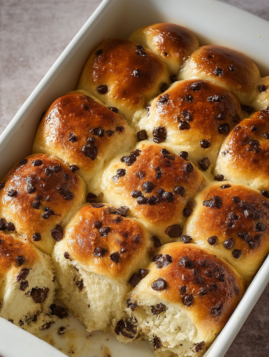 A pan of bread with chocolate chips.